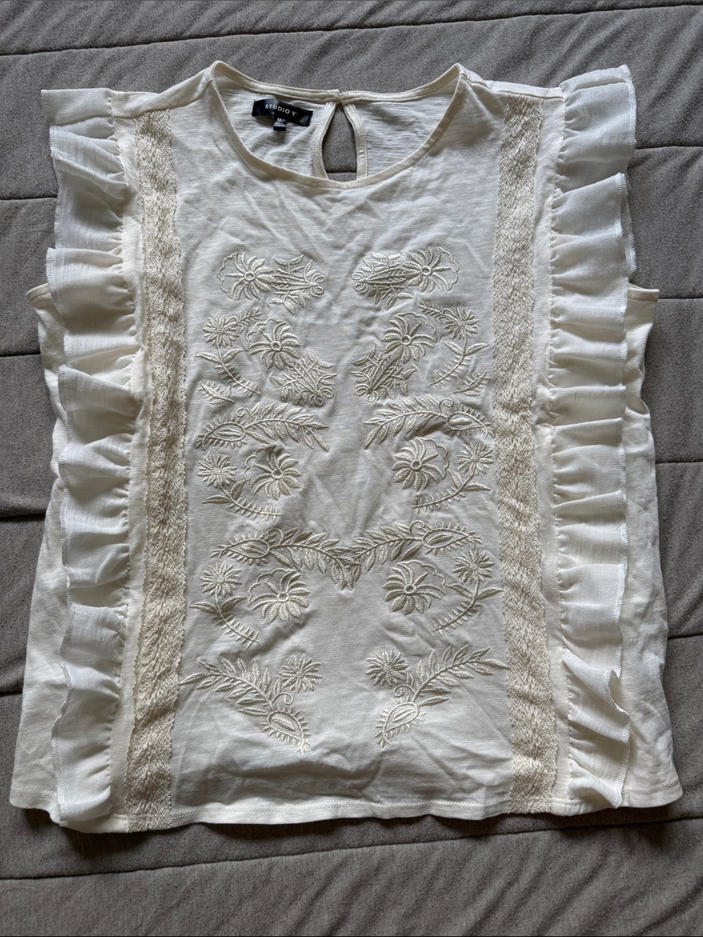 Studio Y from Maurices Cream Embroidered Ruffle Sleeveless Top